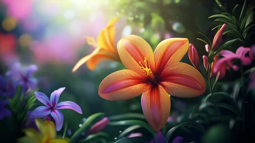 Multicolored Flowers in Garden Setting with Warm Lighting