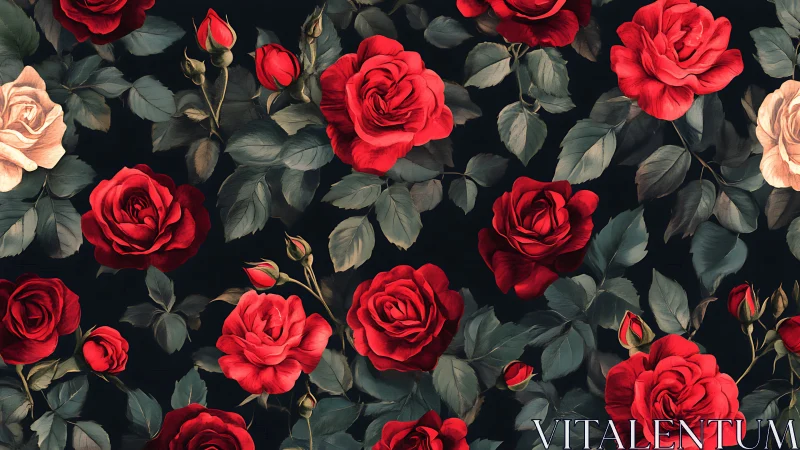 Red Roses on Dark Background with Green Foliage.