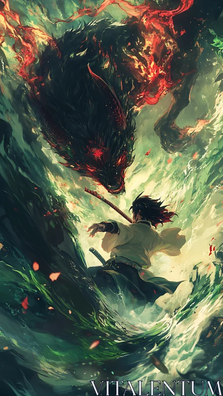 Swordsman confronts flaming shadow beast amid swirling waves