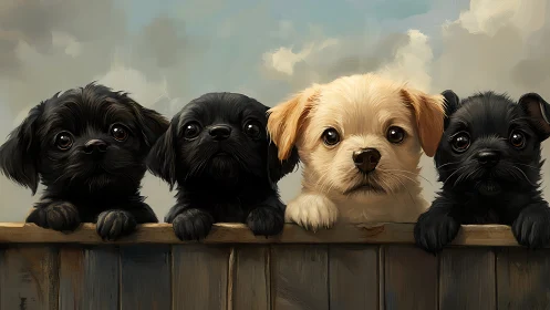Four curious puppies peeking over a fence together.