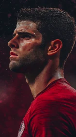 Scarlet stadium warrior gazing into floodlit destiny.