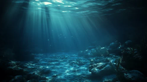 Sunlit ocean floor reveals tranquil blue underwater landscape