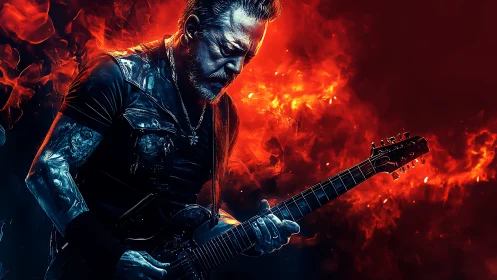 High-contrast rock guitarist rendered against dynamic fiery bokeh field