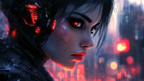 Neon city cyborg gazes ahead with bold electric calm