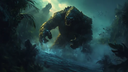 Storm-woken jungle titan stomps through mist and ruin.