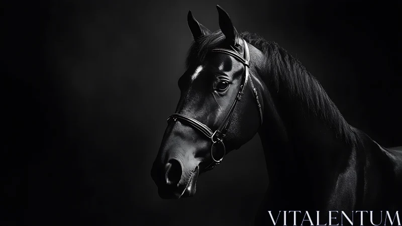 Midnight stallion poised in velvet shadowed spotlight.