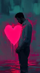 Quiet soul lingers beside a glowing pink heart in the dark