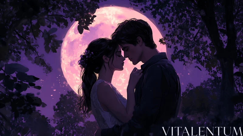 Two figures silhouetted against luminous pink moon in forest setting