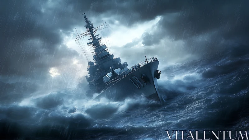 Warship plows through storm surge under dramatic cinematic lighting