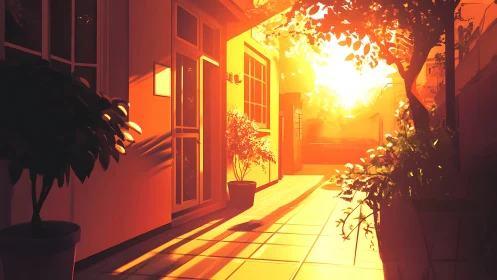 Sunlit tiled patio corridor with potted plants at dusk.