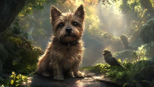 Small terrier dog and bird in sunlit forest clearing scene.