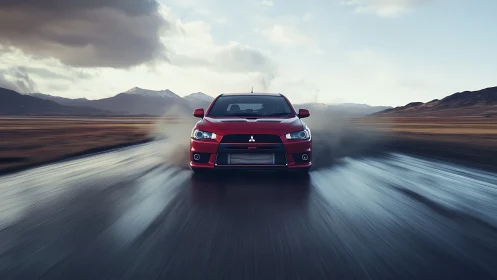 Photorealistic front-on sports sedan on wet desert highway.