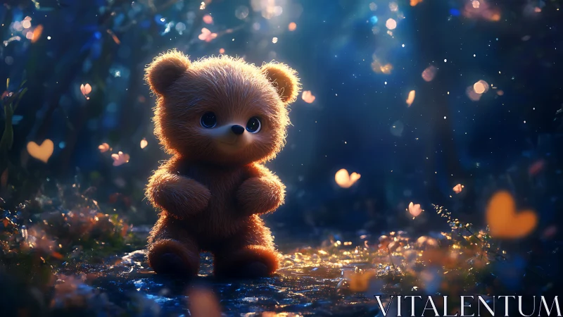 3D plush teddy in luminous forest glade with bokeh accents.
