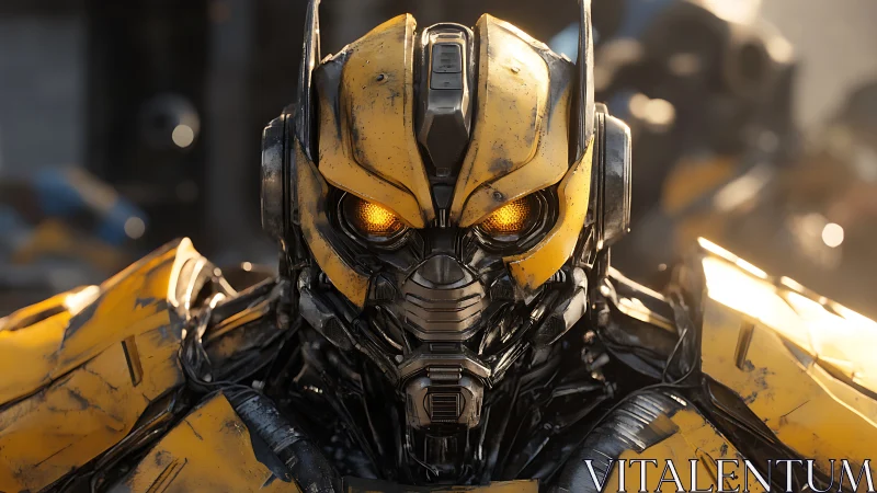 Battle-worn yellow mecha head with glowing amber optics.