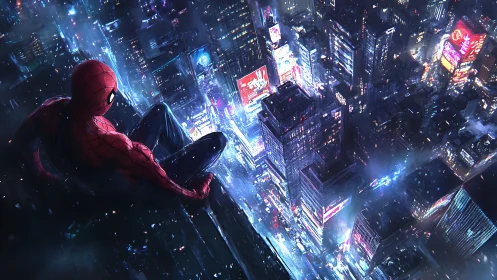 Nightwatch hero perched above a glittering neon cityscape.