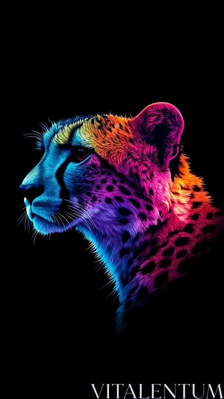 Chromatic vector cheetah profile with neon spectral fur rendering.