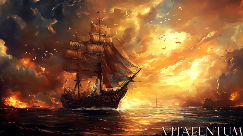 Tall ship sails through blazing sunset and stormy seas.