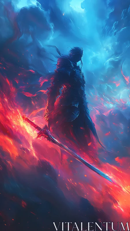 Armored warrior with flaming sword in intense blue sky.