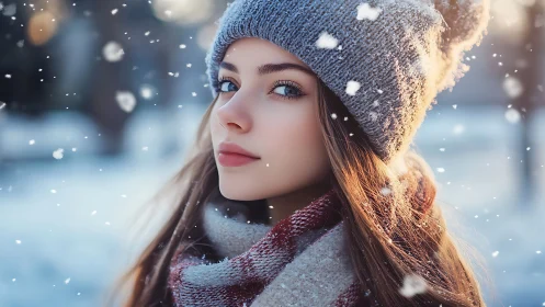 Photorealistic winter portrait with shallow depth of field.