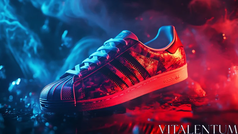 Red sneaker in dramatic blue and red neon smoke scene.