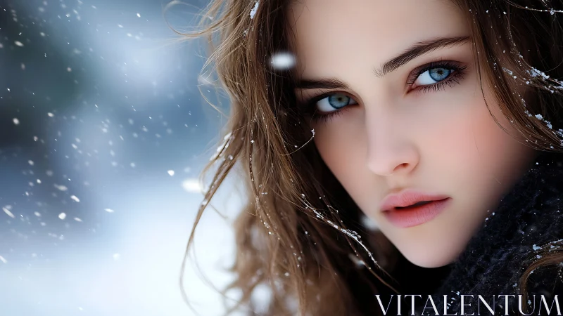 Wintry close-up portrait with piercing blue gaze and snow.