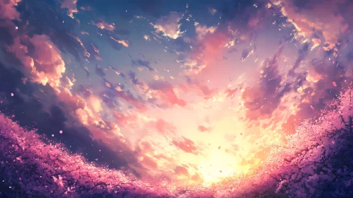 Radiant sakura horizon under luminous pastel sunset sky.