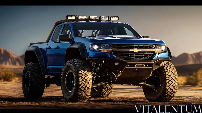 Photorealistic lifted pickup truck with desert off-road configuration.