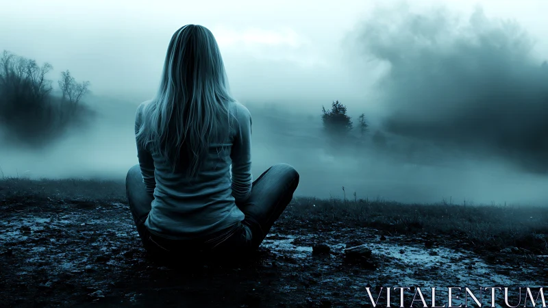 Solitary dreamer resting beside a mist-drowned lakeshore twilight.