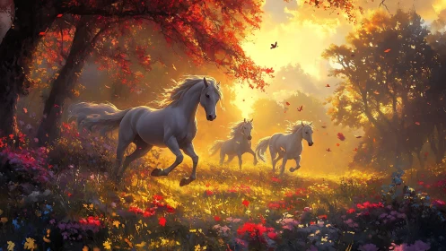 White horses run through glowing autumn forest meadow at dawn