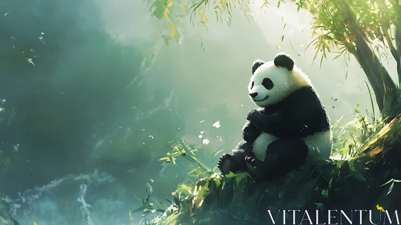 Panda resting on sunlit forest hillside edge in greenery.