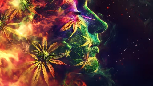 Psychedelic leaf-kissed profile adrift in cosmic smoke.