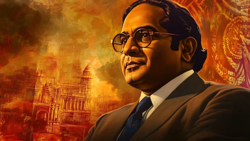 Digital portrait of suited leader with warm architectural backdrop.