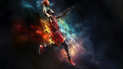 Dynamic basketball dunk amid explosive nebula light trails