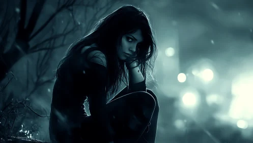 Solitary girl in moonlit forest radiates quiet melancholy