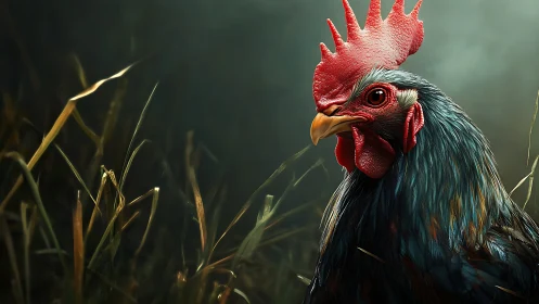Black rooster with red comb in field setting.