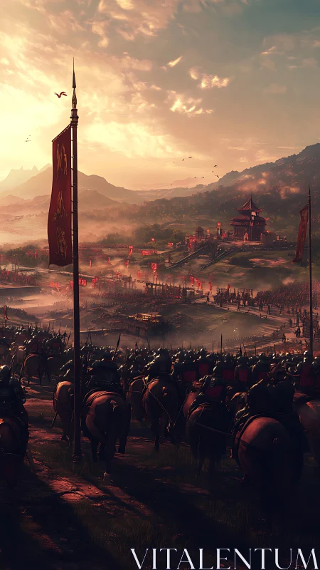 Mounted army advances toward fortified valley encampment