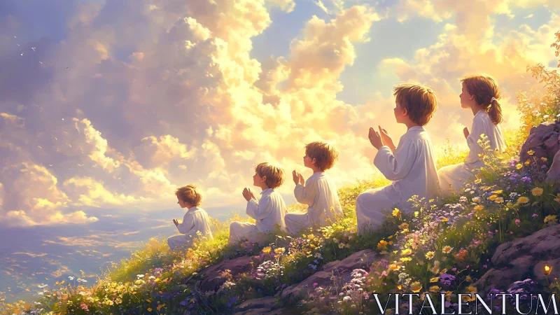 Children in white robes praying on flowered sunlit hillside.