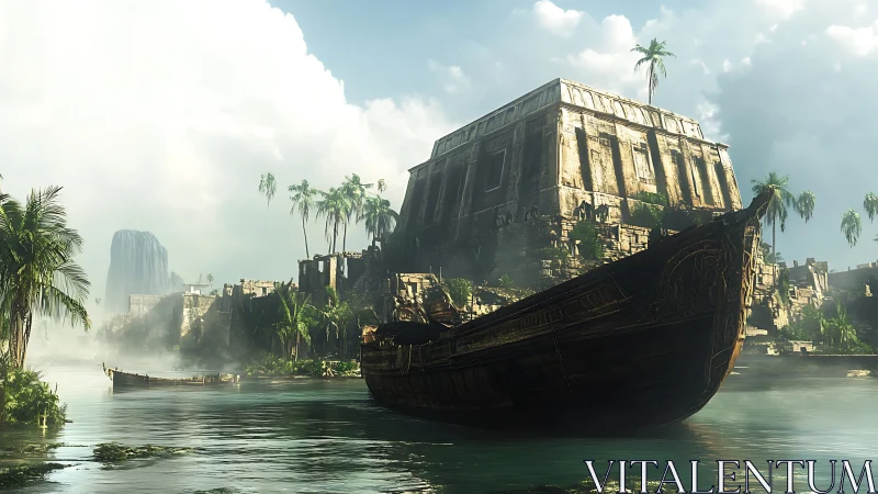 Sunken galleon before monumental jungle ruin in misty light