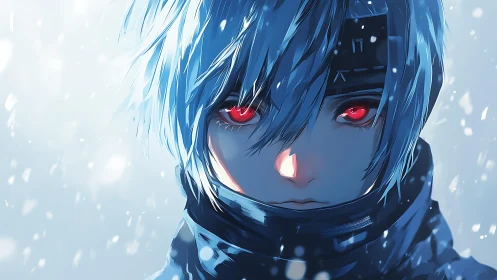 Anime portrait of red-eyed winter warrior in close-up focus.