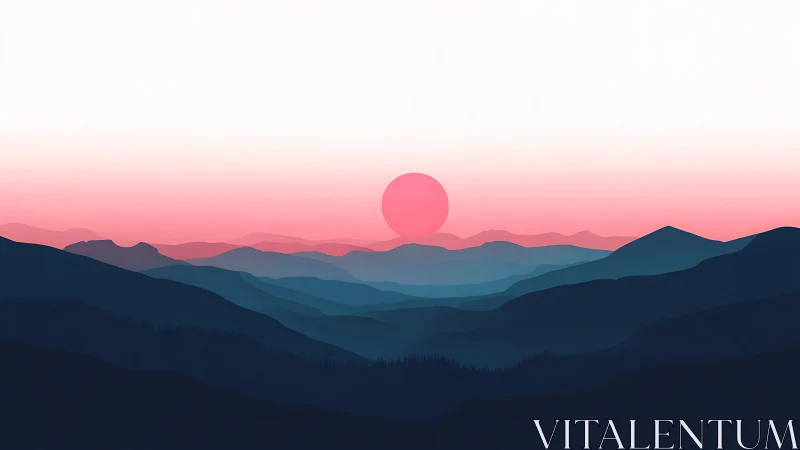 Blush horizon sun melting over layered twilight mountainscape.