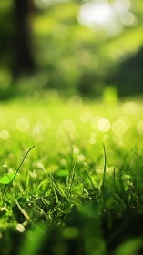 Morning lawn close-up under dreamy green bokeh light.
