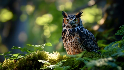 Majestic owl perched in lush green forest, natural light photography.