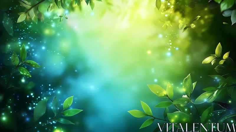 Luminous forest leaves against glowing teal bokeh haze.