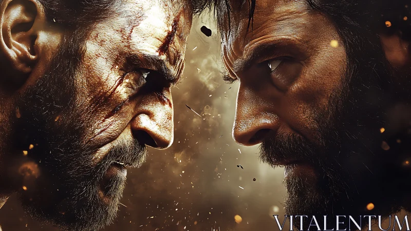 Two Bearded Men Face Confrontation Amid Golden Particle Effects