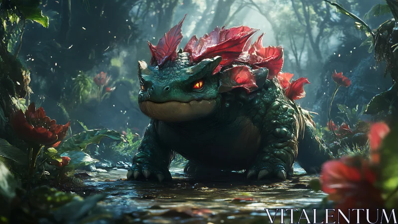 Gentle forest guardian with glowing eyes and crimson petals.