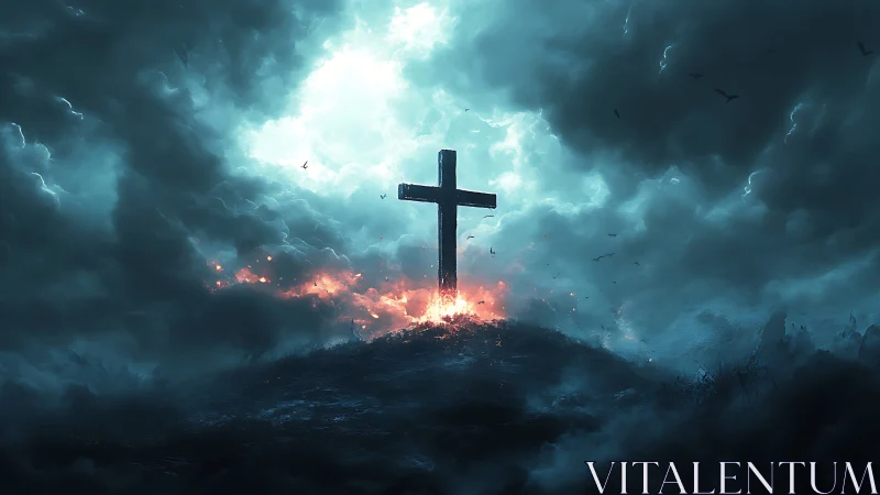 Lone cross on stormy hill under turbulent glowing skies.