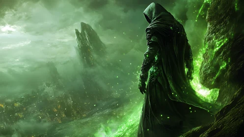 Hooded necromancer overlooks a stormlit, cursed cityscape