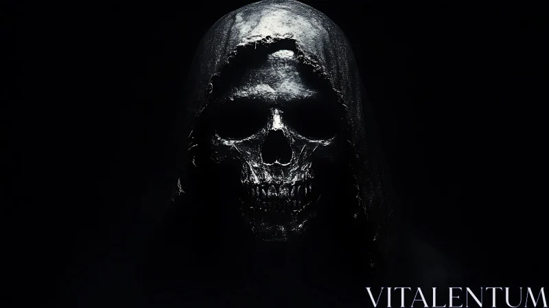 Hooded metallic skull portrait in deep chiaroscuro lighting.