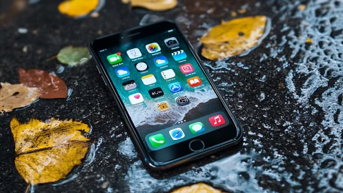 Black iPhone 7/8 on Wet Concrete with Fallen Autumn Leaves and Surface Water