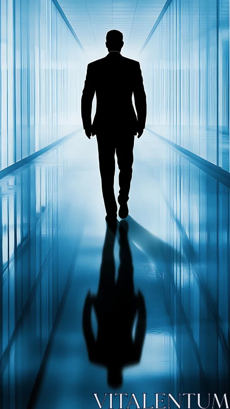 Silhouetted Businessman Strides Through Modern Corridor.
